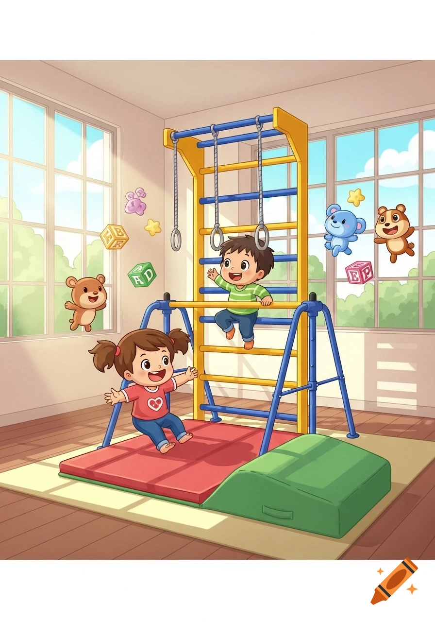 Two happy cartoon children playing in a bright playroom, one on a yellow and blue climbing ladder, another on a red mat, with floating letter blocks.