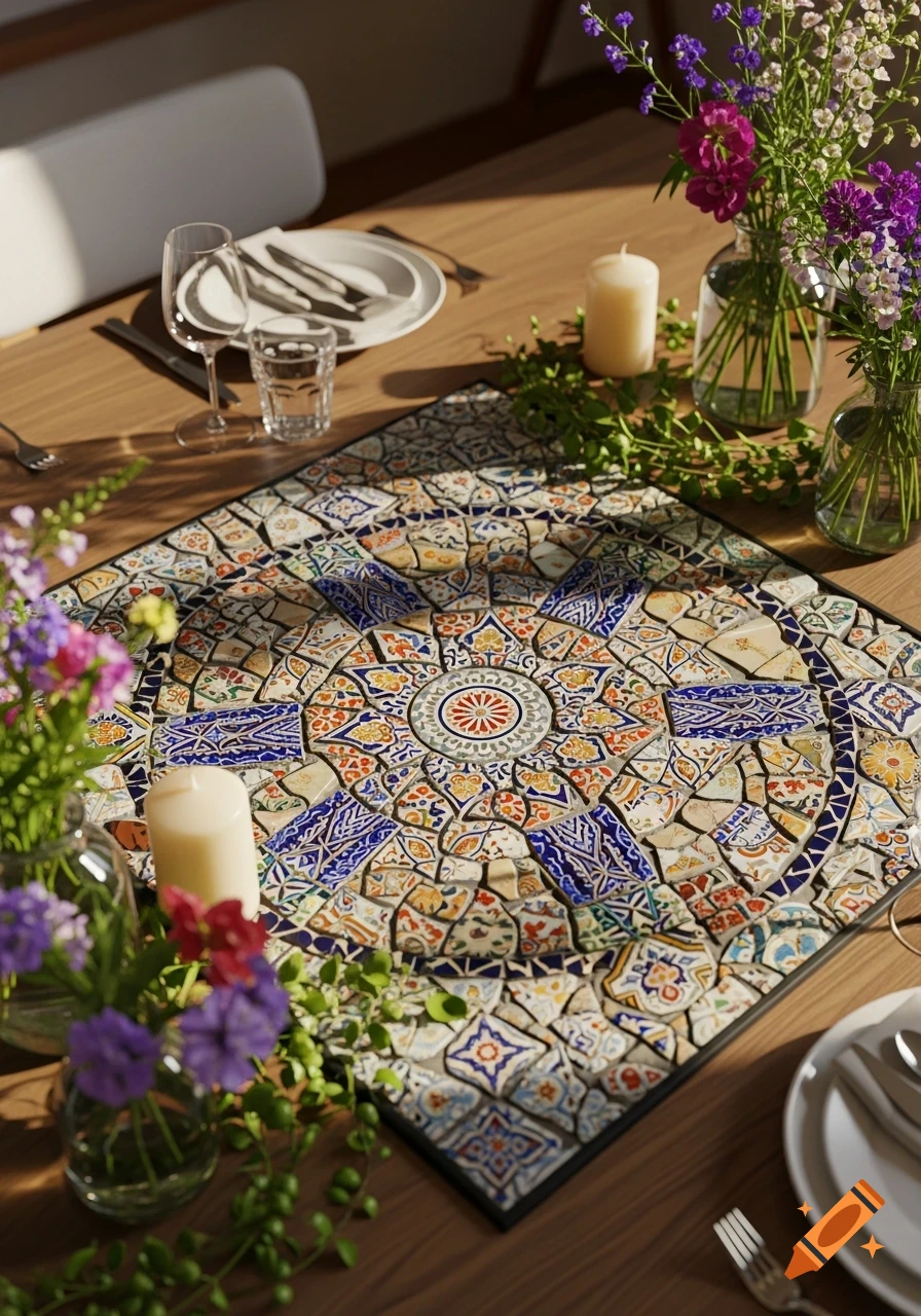 A dining table features a vibrant, circular antique ceramic mosaic centerpiece, surrounded by plates, cutlery, candles, and colorful flower arrangements.
