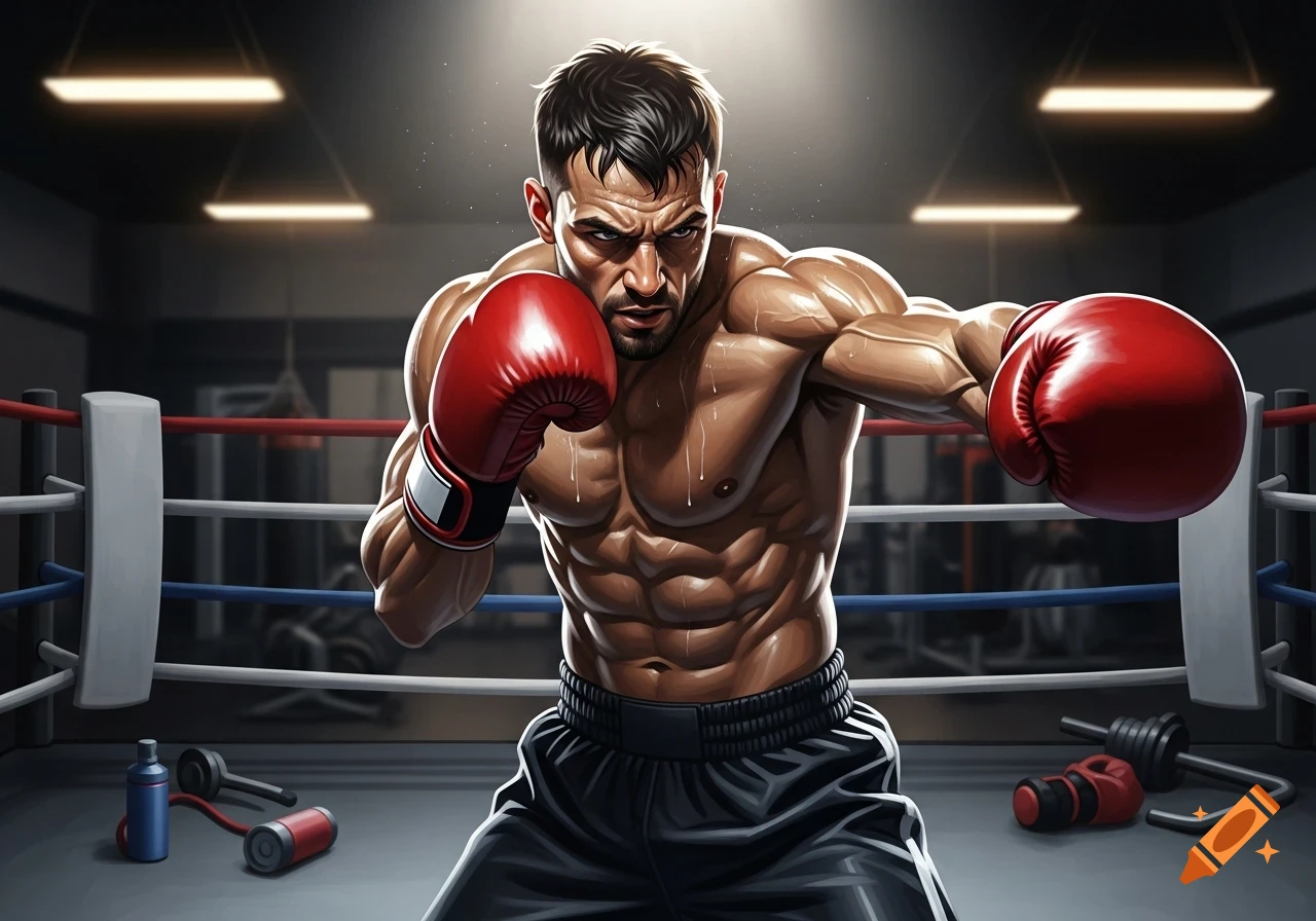 A muscular boxer in red gloves poses aggressively in a boxing ring with a blurred background.