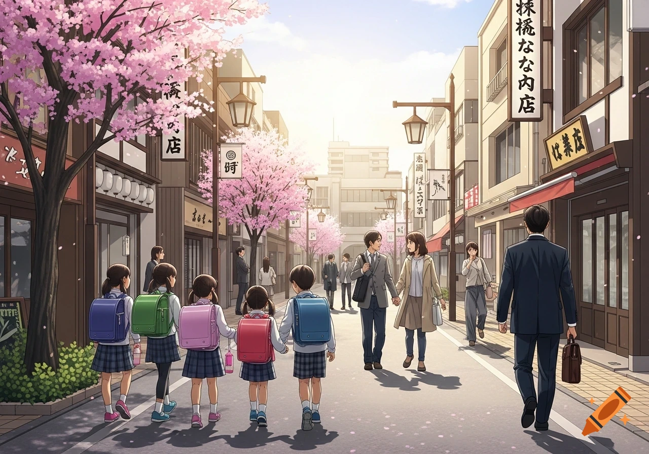 An anime-style street scene in Japan with cherry blossoms, featuring elementary students with colorful backpacks and adults walking along the sidewalk during the day.