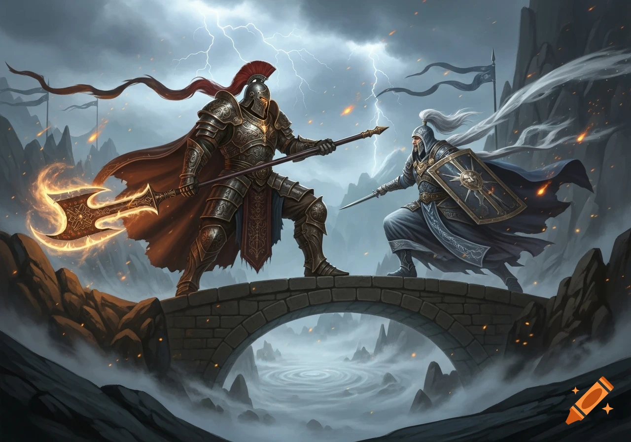 Two armored fantasy warriors clash on a stone bridge under a stormy sky with lightning.