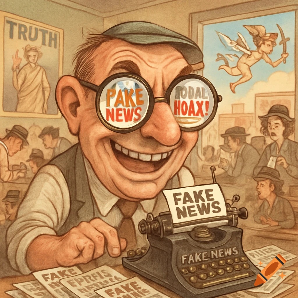 A smiling, bespectacled man in a cap, representing a newsman, sits at a desk with a typewriter. His glasses reflect "FAKE NEWS" and "TODAL HOAX!". Papers on the desk and the typewriter itself also display "FAKE NEWS" and other garbled text. A poster for "TRUTH" and a flying cherub are in the background.
