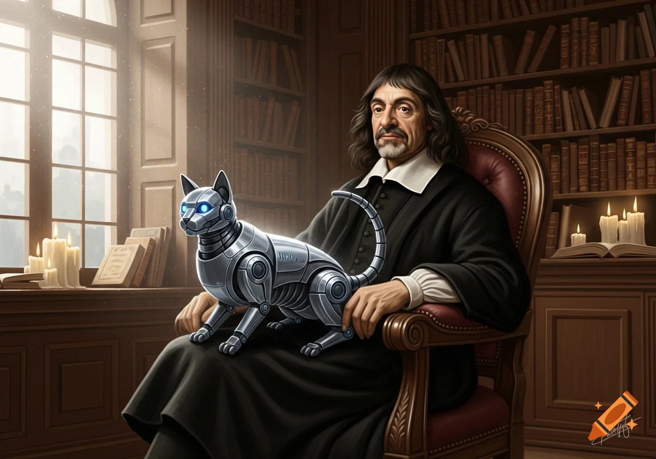 An oil painting-style portrait of Rene Descartes in a library, seated with a metallic robot cat on his lap.