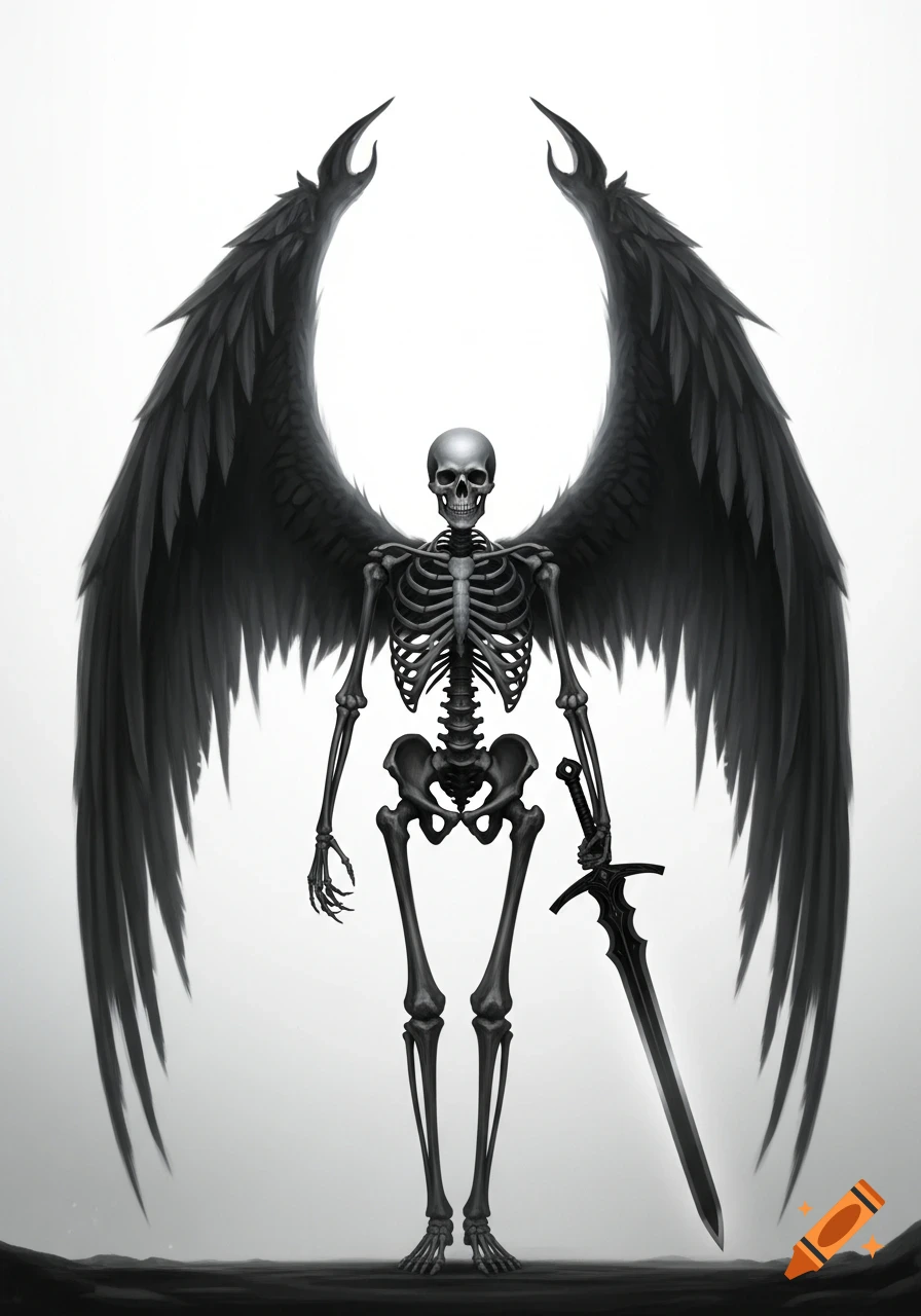 An extremely tall skeleton with large dark grey wings stands holding a black sword against a white void background.