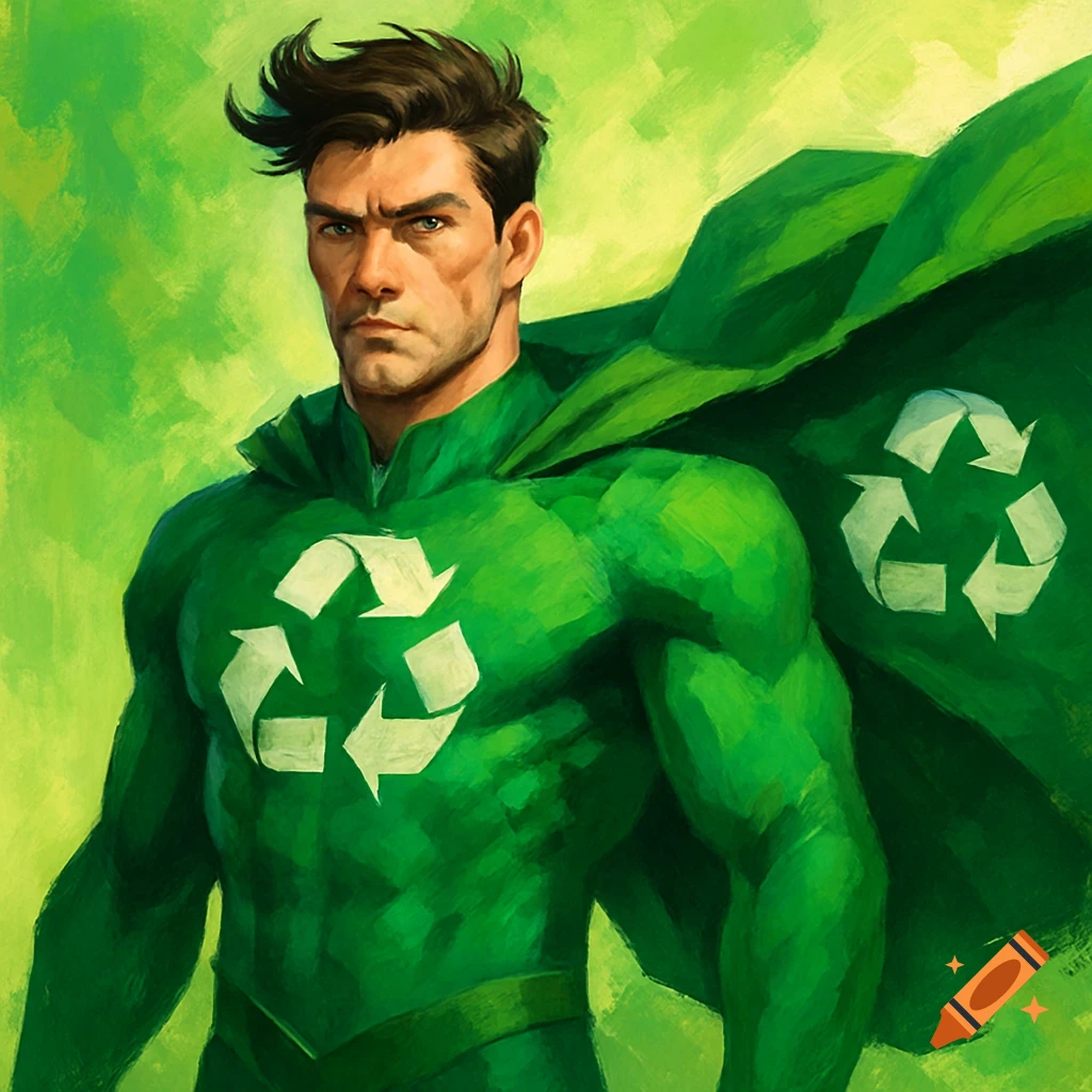 A muscular male superhero in a green suit and cape, featuring white recycling logos on his chest and cape, in a painterly style.