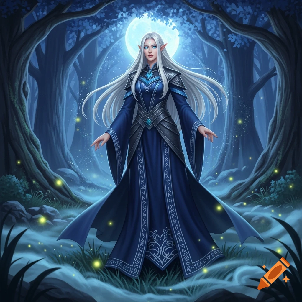 An elf-like woman with long white hair, blue eyes, and a blue and ...