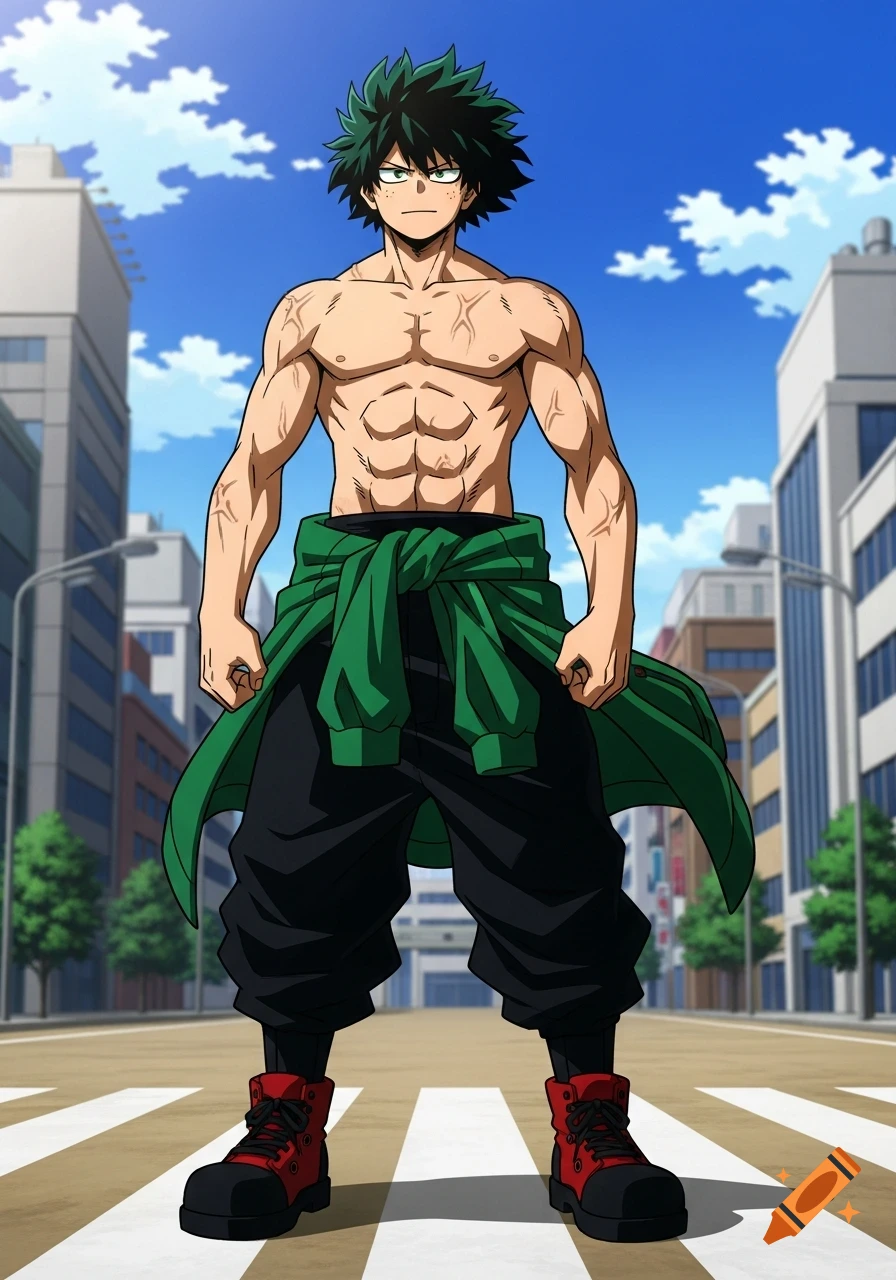 A shirtless, muscular anime boy with green hair and dark eyes, wearing black pants and red boots, a green jacket tied around his waist, stands on a city street.