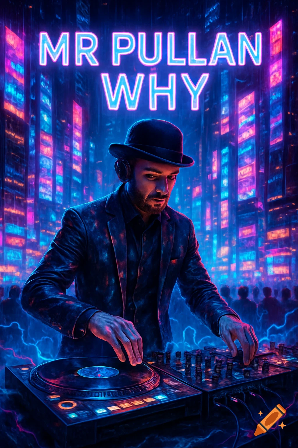 A man in a bowler hat and suit DJs on a neon-lit turntable in a futuristic cyberpunk city with the text "MR PULLAN WHY" glowing above.