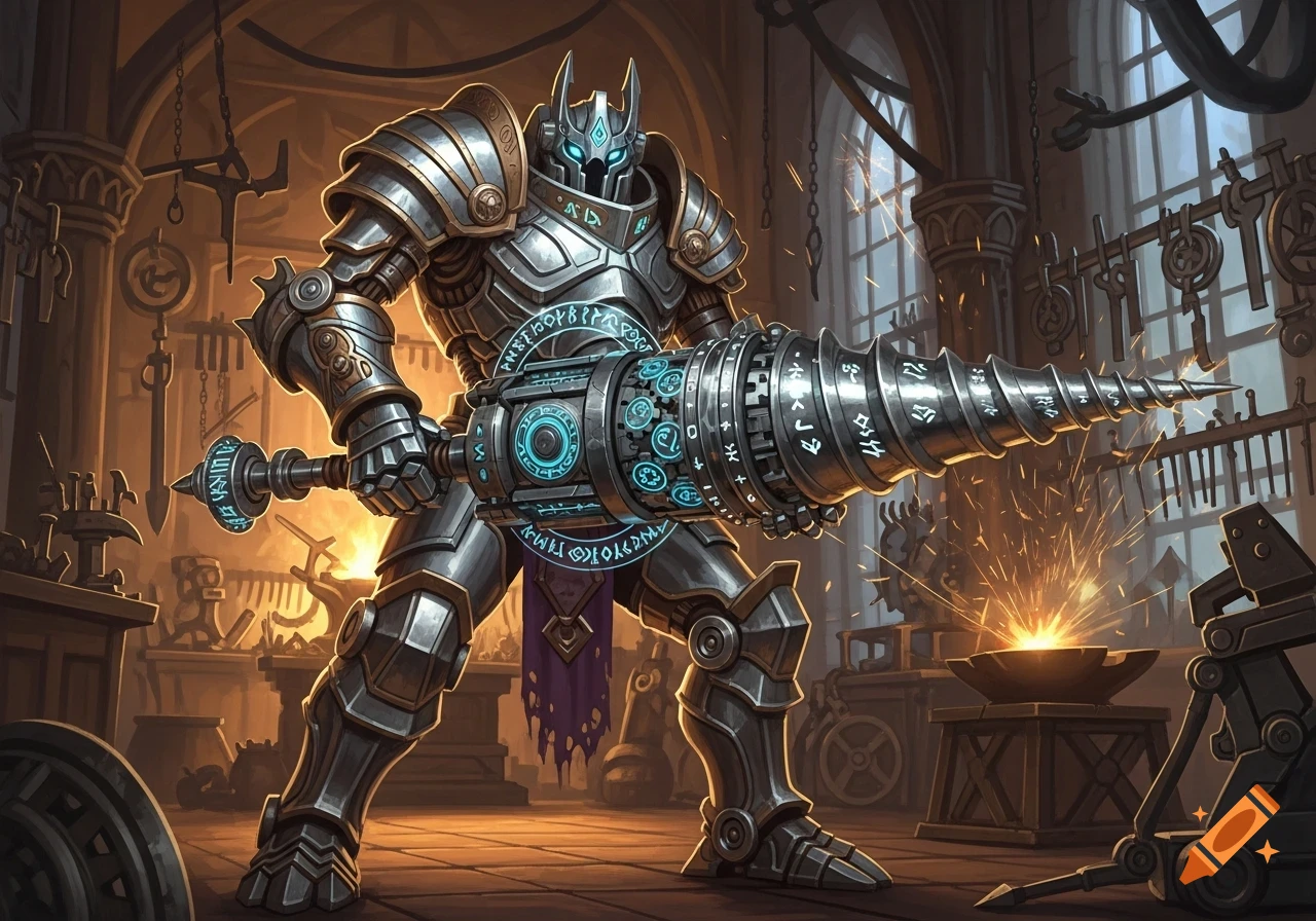 A heavily armored, metallic warforged robot holds a large glowing drill weapon in a bustling fantasy workshop with sparks flying from an anvil.