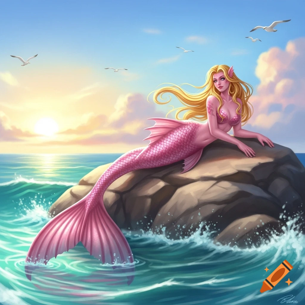 A fantasy illustration of a blonde mermaid with a pink tail reclining on a rock in the ocean at sunset, with seagulls.
