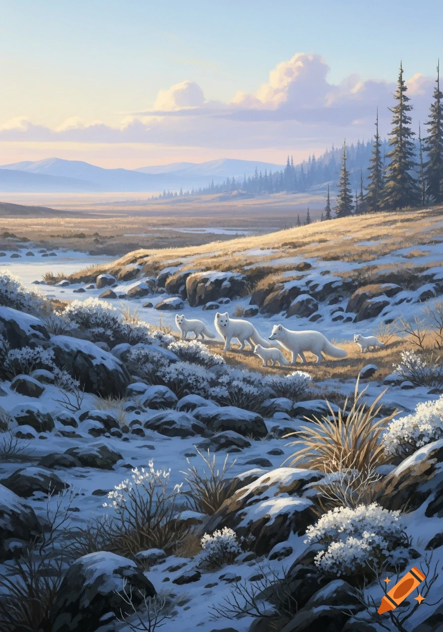 White arctic foxes walk through a snowy subarctic landscape with rocks, sparse vegetation, and distant forests under a soft sky.