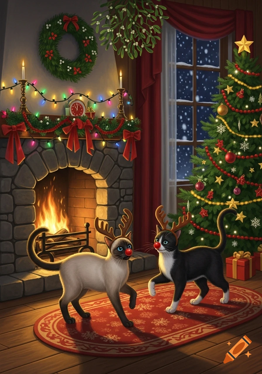 Two cats in reindeer antlers and red noses stand on a rug in a festive Christmas room with a lit fireplace, decorated tree, and snowy window.