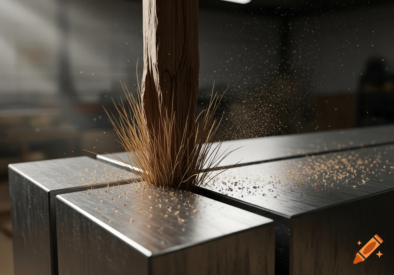 Photorealistic close-up of a wooden splinter piercing a metal block, with wood dust scattering around.