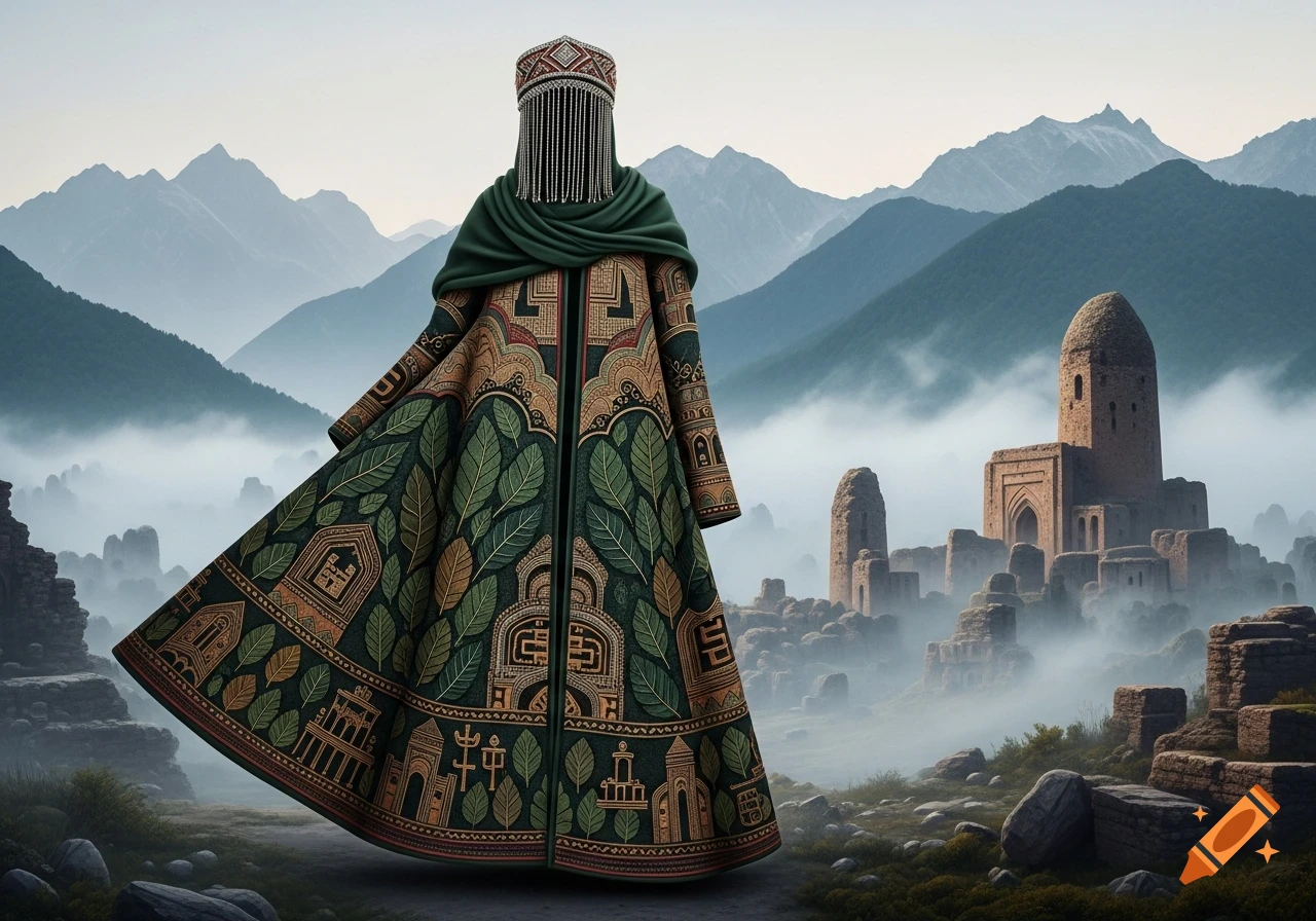 Figure in an ornate green and gold traditional robe with a beaded headpiece stands in a foggy mountain landscape with ancient stone ruins.
