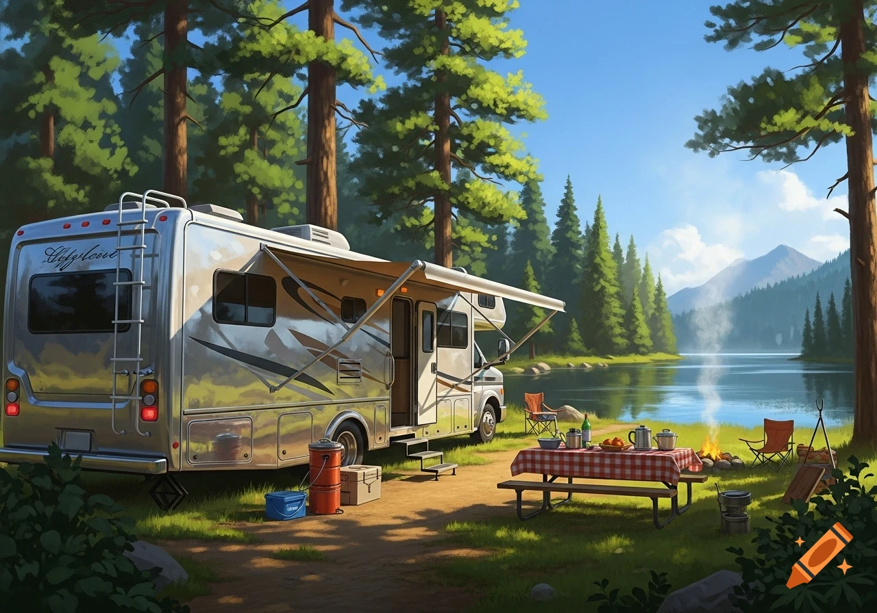 Illustration of an RV camped by a tranquil lake in a dense forest, with a picnic table, chairs, and campfire.