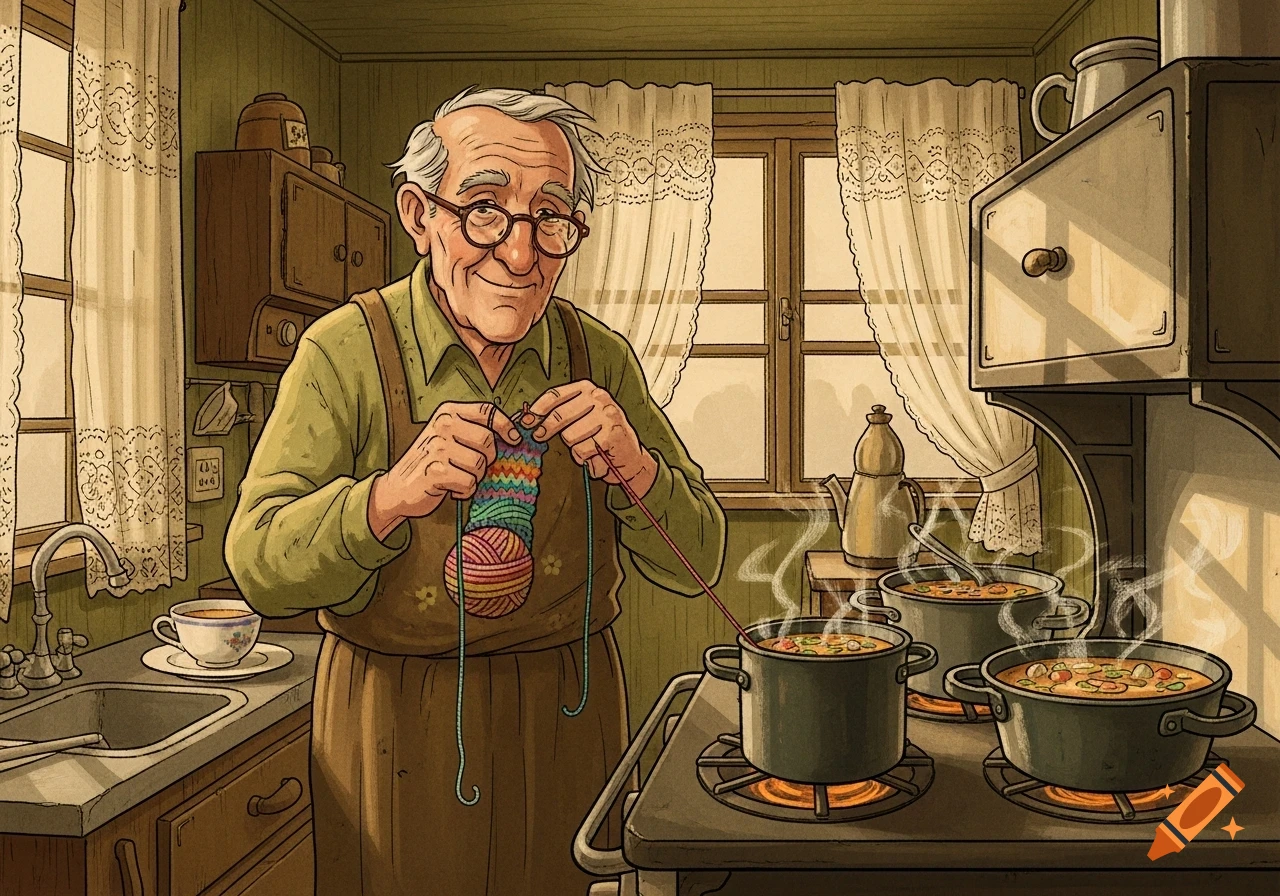 An older man with glasses smiles while knitting a colorful sock in a retro-style kitchen, with three pots of steaming soup on the stove.