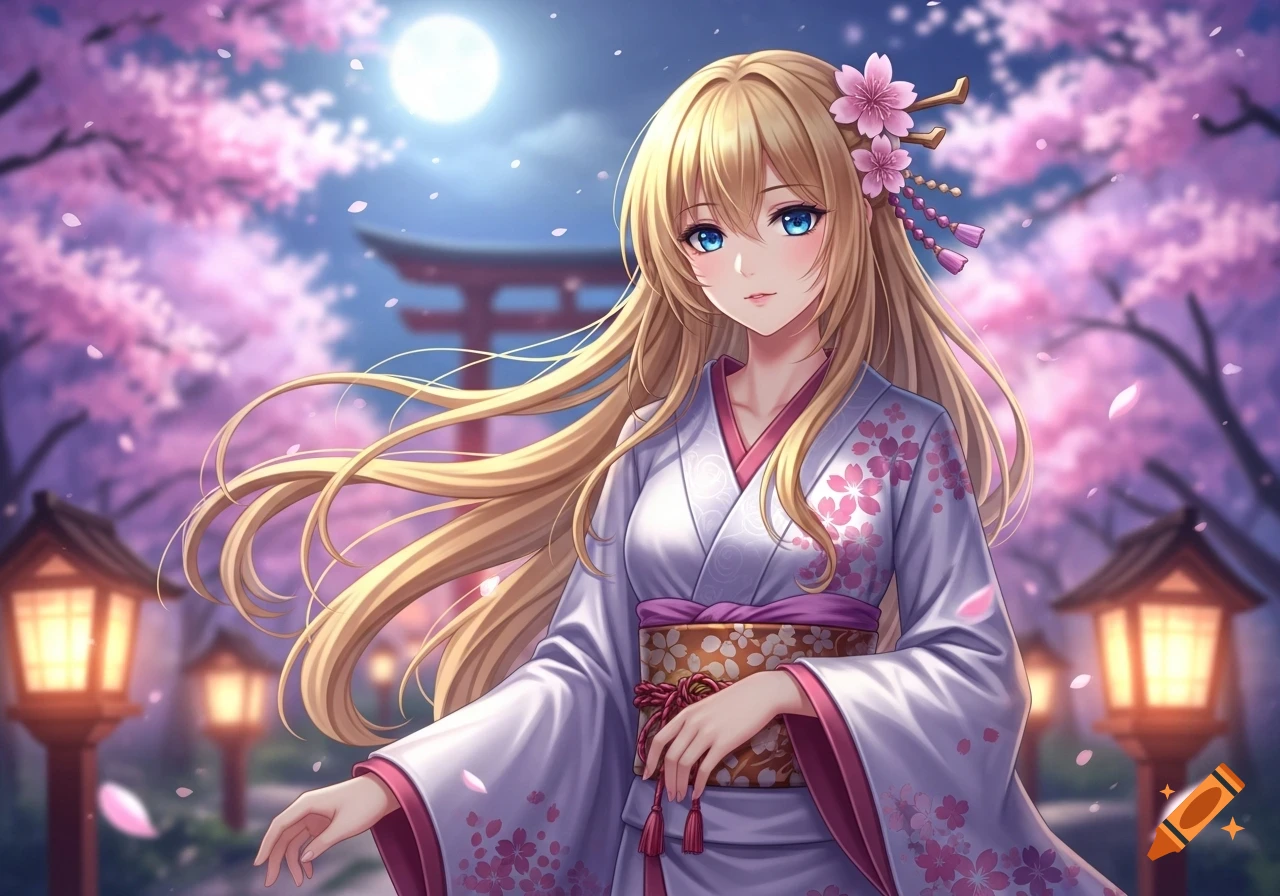 Blonde anime woman in a white and pink kimono stands under a full moon amidst pink cherry blossoms and traditional Japanese lanterns and a torii gate.