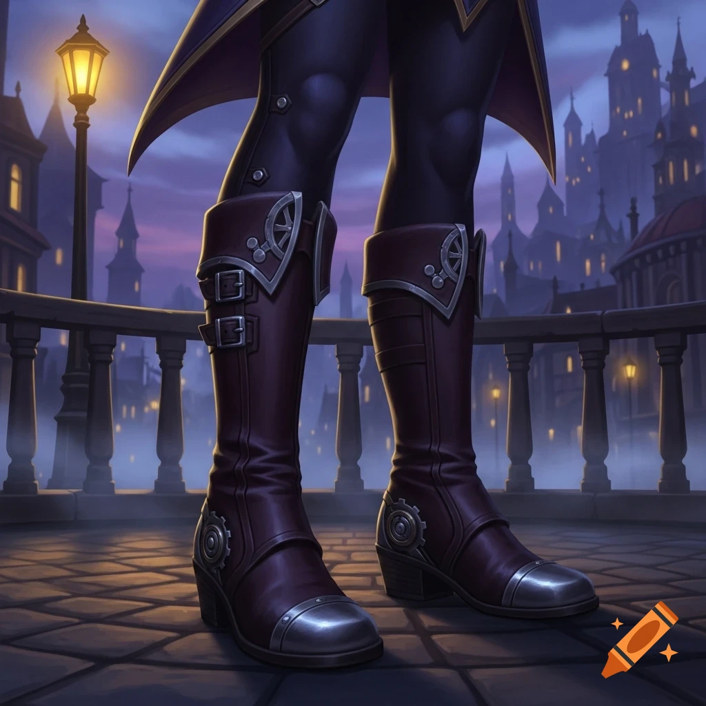 A character in dark pants and tall, buckled steampunk-style boots stands on a rooftop overlooking a misty, illuminated city at dusk.