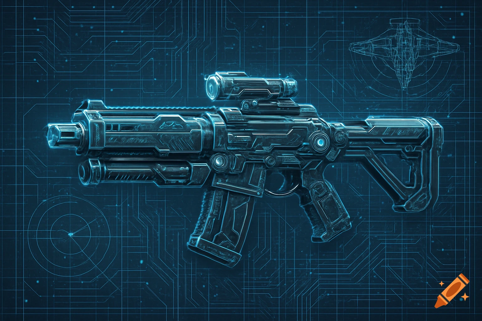 Futuristic blue glow blueprint of a rifle with a scope, against a circuit board background with a faint spaceship blueprint.