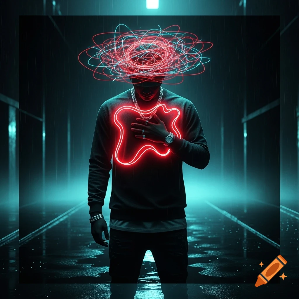 A man in dark clothes stands in a dark, wet street under neon lights. Red and cyan glowing lines swirl around his head, and a red neon outline is on his chest.