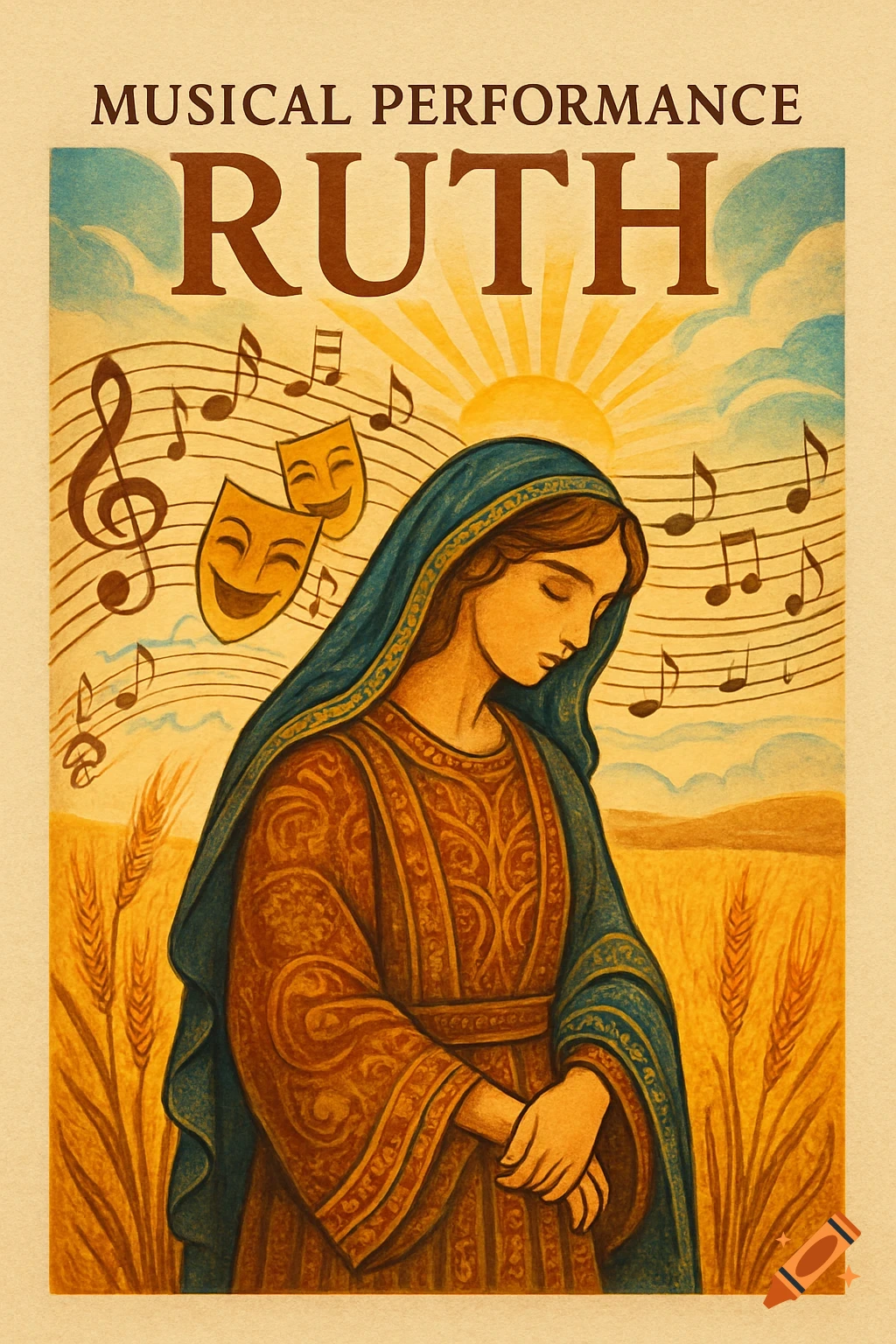 Illustration of a woman in a blue veil and patterned dress, head bowed, in a wheat field under a rising sun. Musical notes and theatre masks float above her.