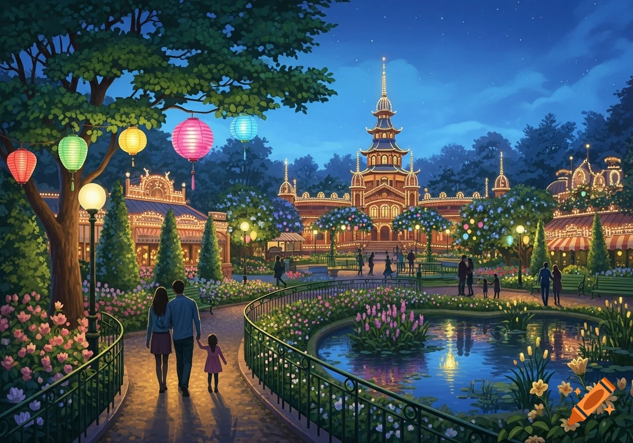 A family walks through a beautifully lit amusement park at night, with glowing lanterns, ornate buildings, and a pond. Illustrated style.