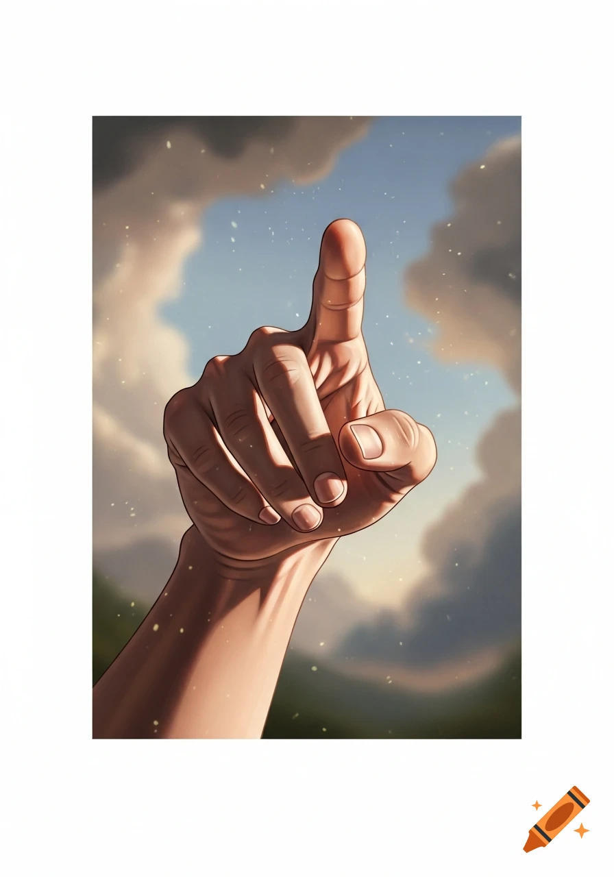 A detailed illustration of a hand pointing its index finger upwards towards a cloudy, sparkling sky.