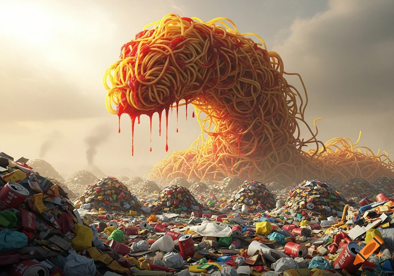 A giant spaghetti monster with tomato sauce dripping off it looms over a vast, foggy landscape of mountains of garbage.