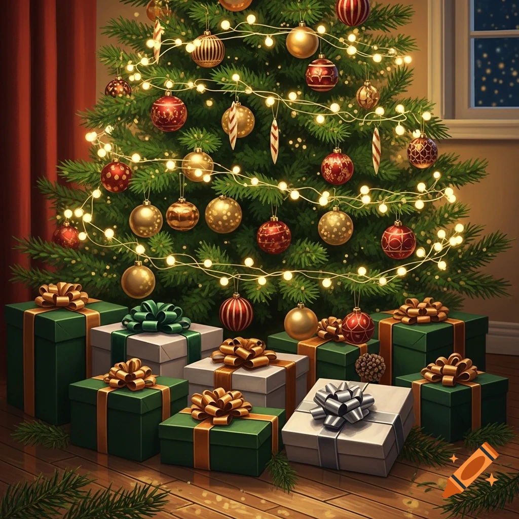 A beautifully decorated Christmas tree with lights and ornaments, surrounded by neatly wrapped green and silver presents on a wooden floor.