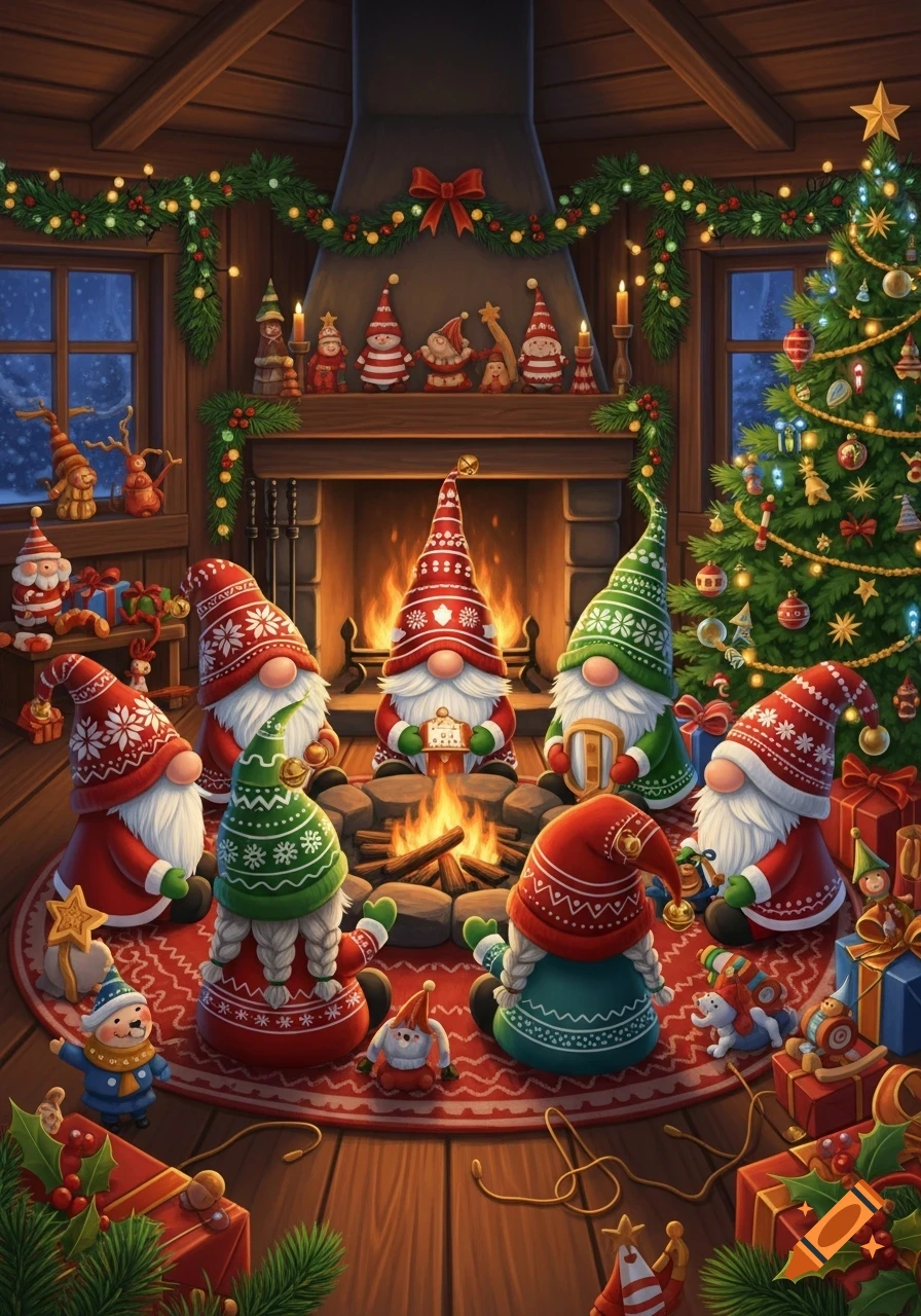 Seven festive Christmas gnomes gather around a campfire in a cozy wooden cabin adorned with holiday decorations and a Christmas tree.