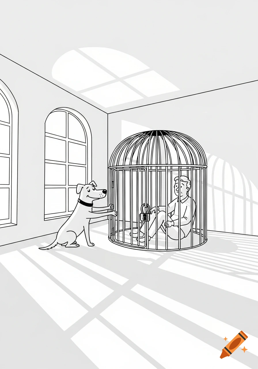 Minimalist black and white sketch of a dog locking a cage with a man inside, in a room with windows and shadows.