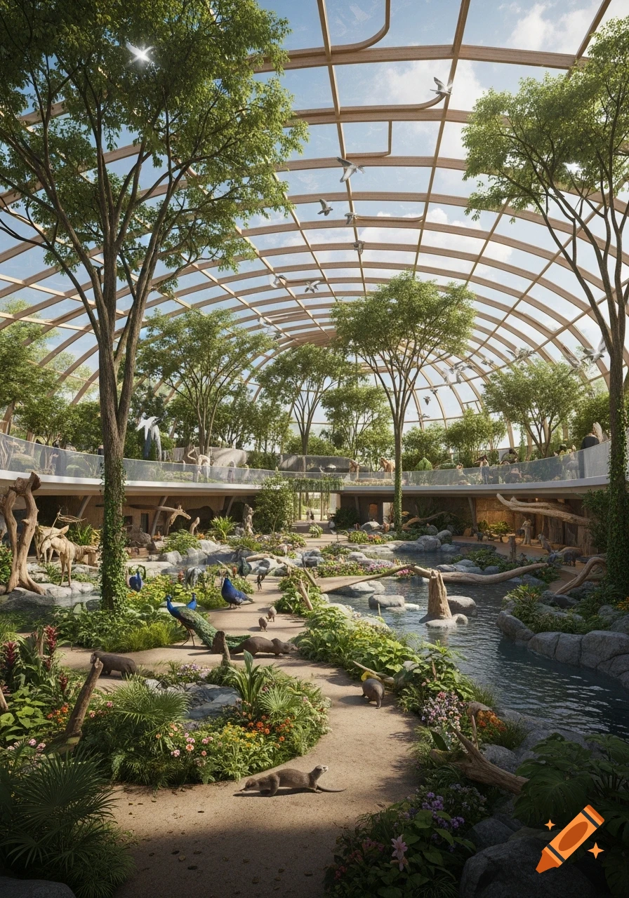 A photorealistic view inside a large, modern indoor zoo or animal conservatory with a glass arched roof, lush trees, plants, a winding stream, and various animals like peacocks, otters, and deer.