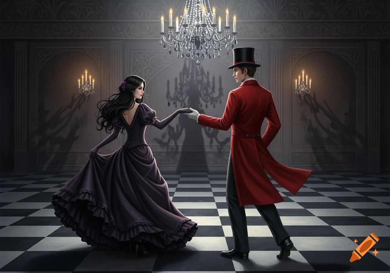 A gothic Victorian couple dances in a grand, dimly lit ballroom. The woman wears a dark violet dress, the man a red coat and top hat.