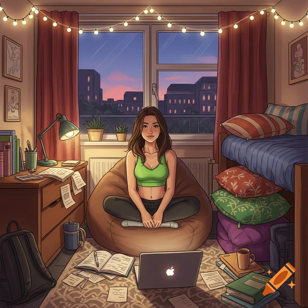 An illustration of a college girl in a dorm room, wearing a green sports bra, sitting on a bean bag with a laptop and books around her, at dusk.