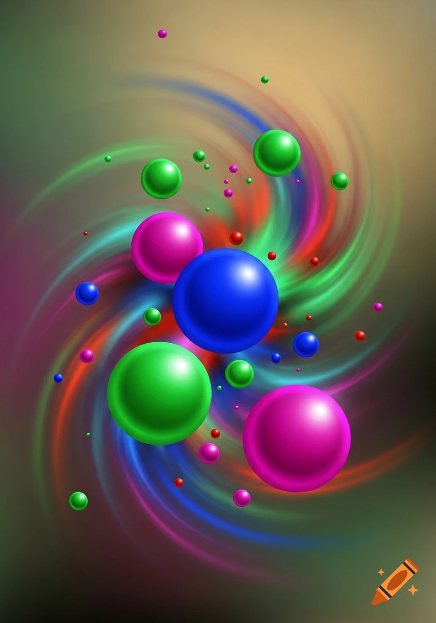 Abstract image with blue, green, and pink spheres of various sizes floating amidst colorful swirling lines against a blurred background.
