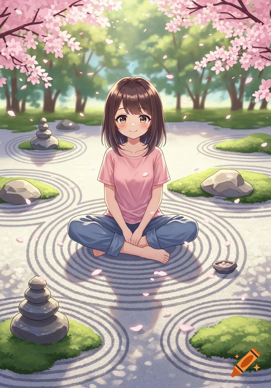 An anime girl with brown hair, pink shirt, and blue pants sits cross-legged in a peaceful zen garden under cherry blossoms.