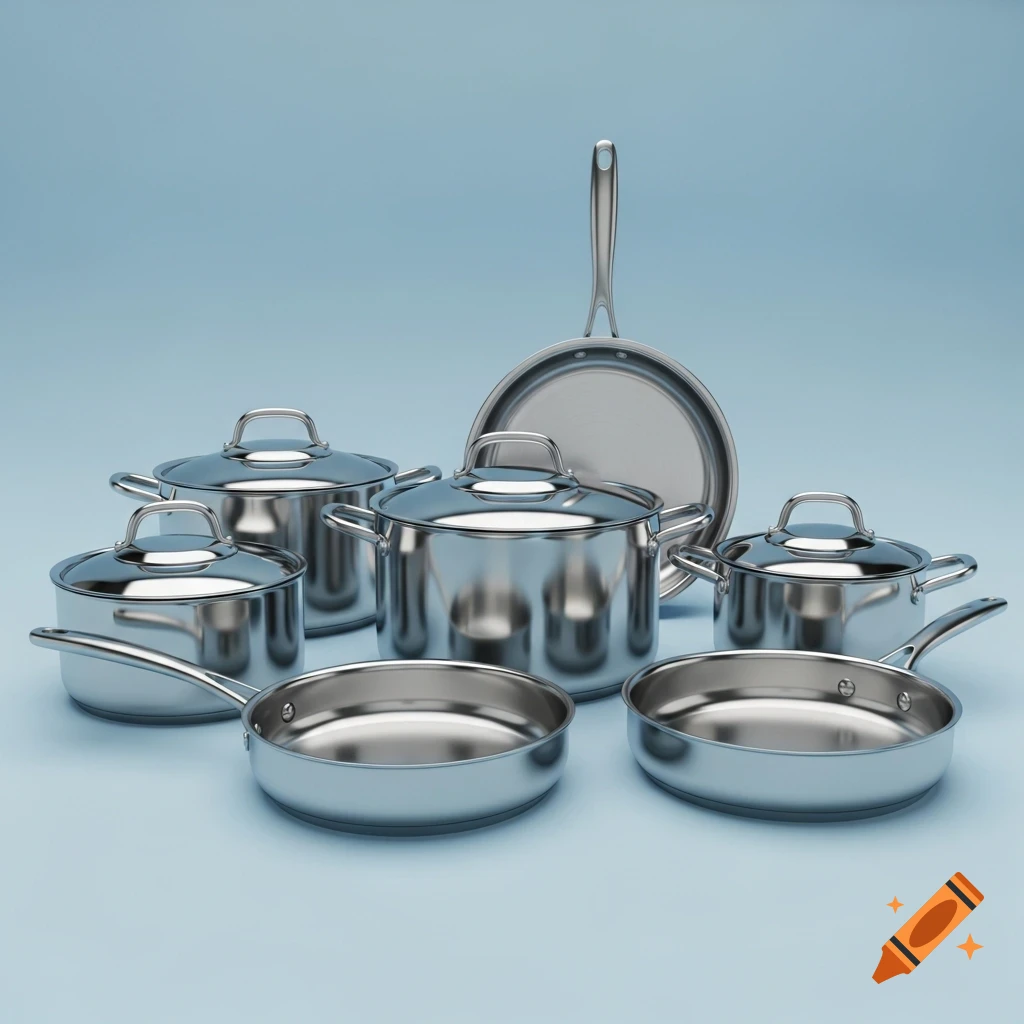 A photorealistic set of shiny stainless steel pots, pans, and lids arranged on a light blue background.