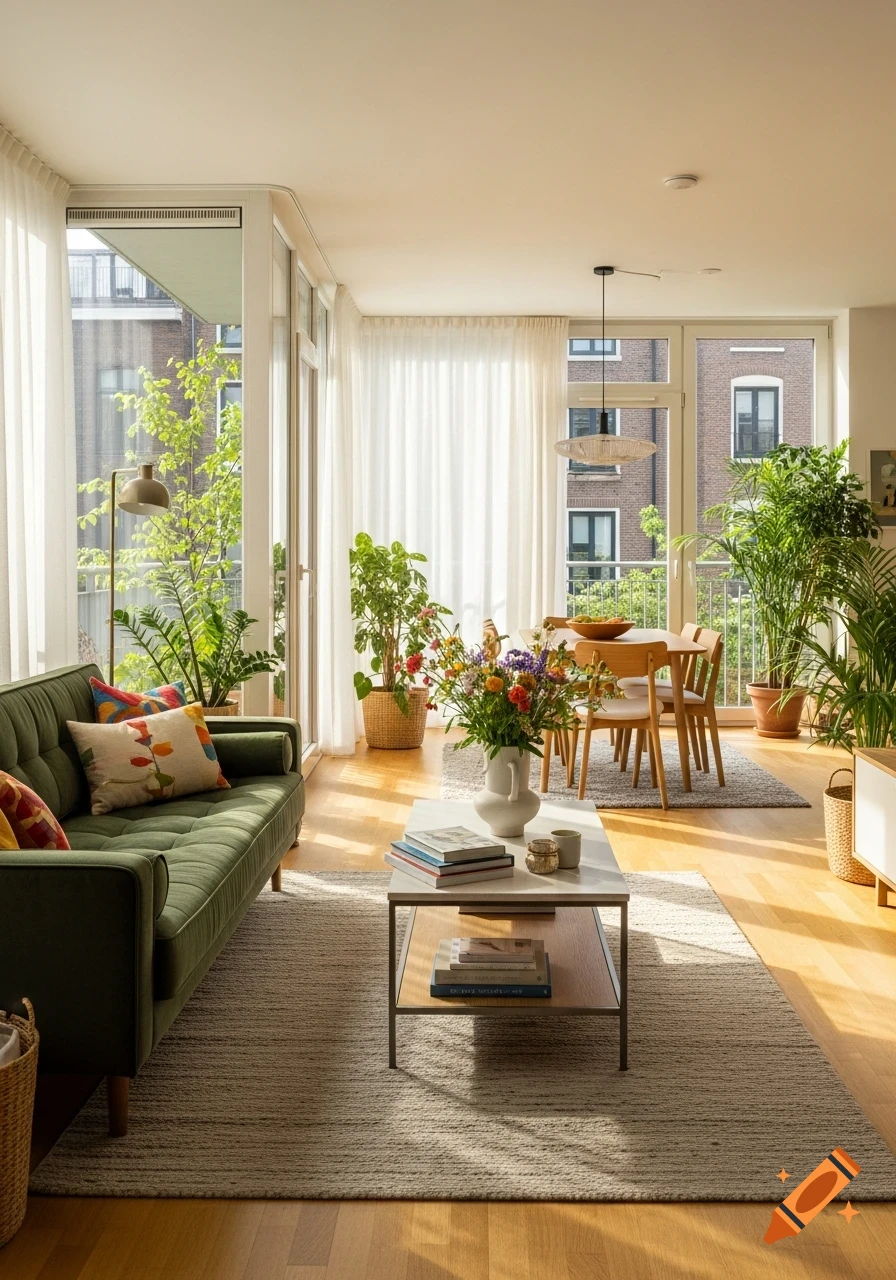 A sunlit modern living room with a green sofa, coffee table, many potted plants, and a dining area with a wooden table and chairs.