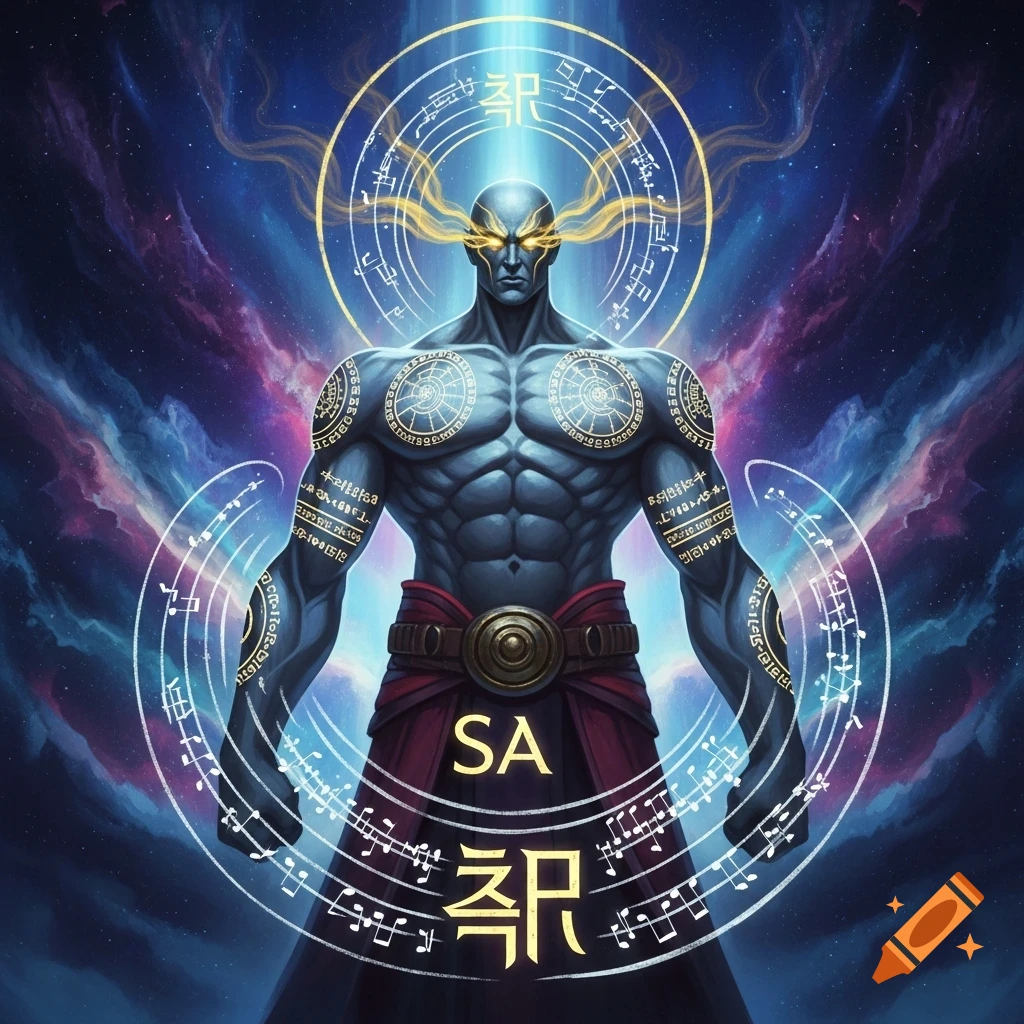 A muscular, grey-skinned humanoid figure with glowing yellow eyes, adorned with golden symbols and cosmic patterns, stands against a starry nebula background.