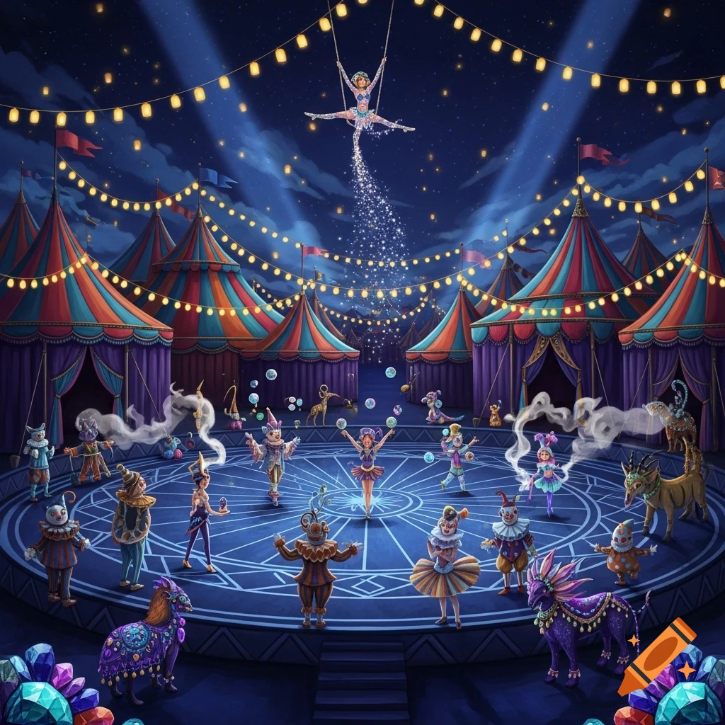 A magical digital art illustration of a vibrant nighttime circus with an aerialist, clowns, and animal-like performers under twinkling lights.