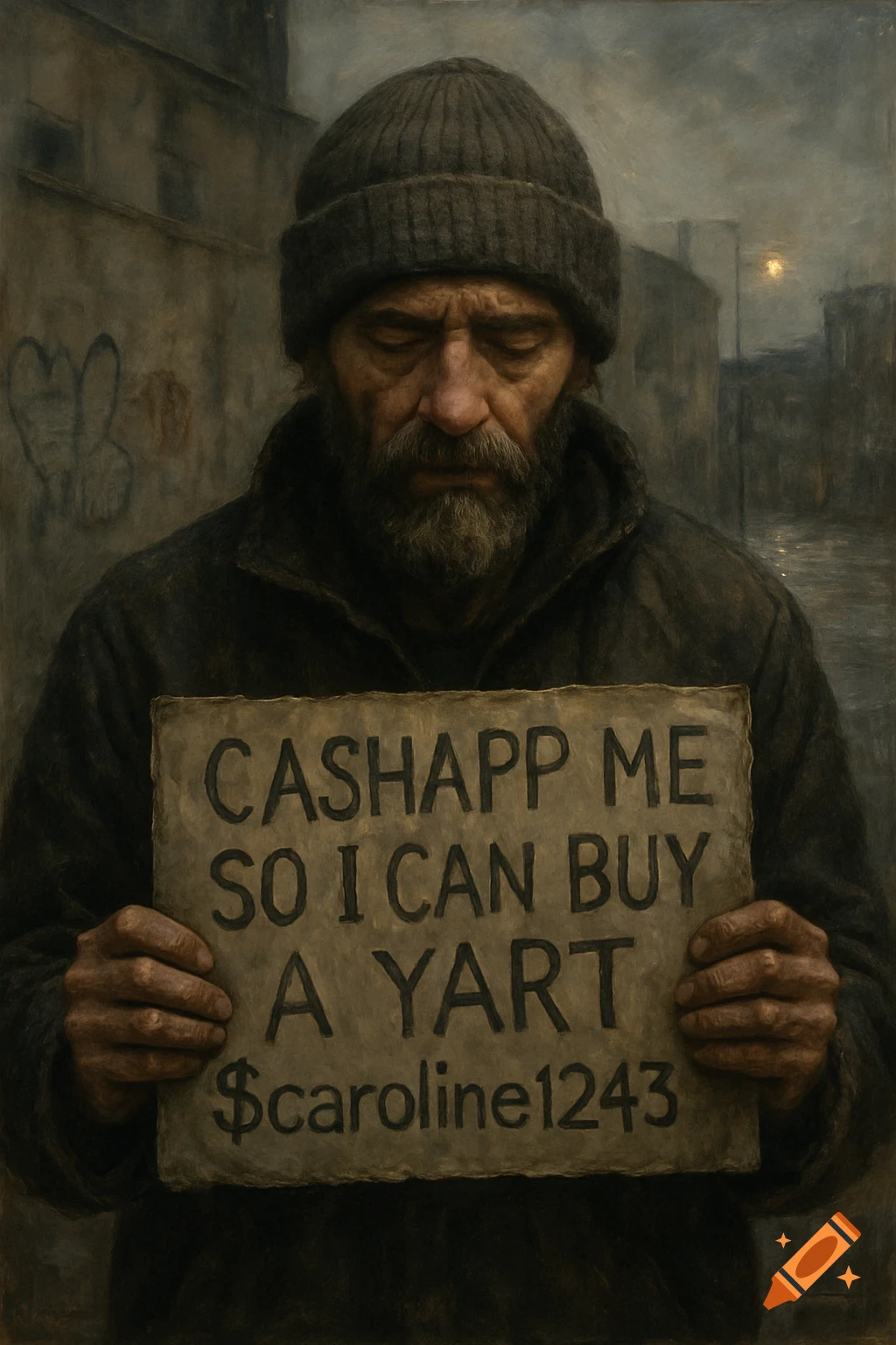 A somber bearded man in a knit cap holds a sign with 'CASHAPP ME SO I CAN BUY A YART $caroline1243' on it, painted style.