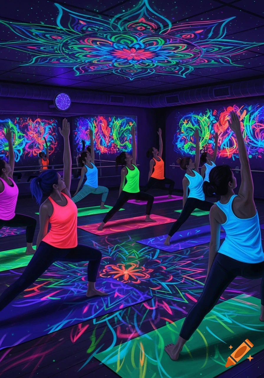 Women in neon activewear practice yoga in a blacklight studio with glowing mandala art.