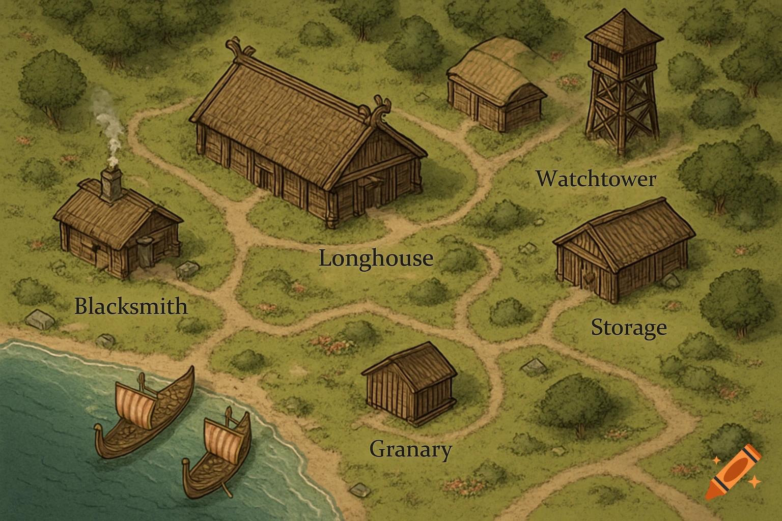A 2D isometric map of a Viking village with a longhouse, blacksmith, watchtower, storage, granary, and two ships.