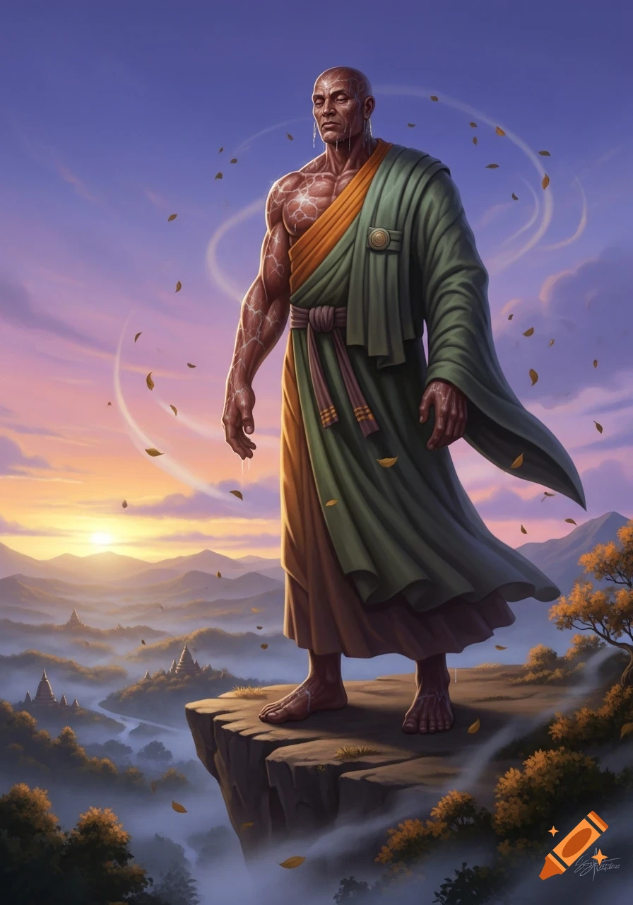A muscular, bald monk in robes stands on a cliff overlooking a misty valley with pagodas at sunrise, with leaves swirling.