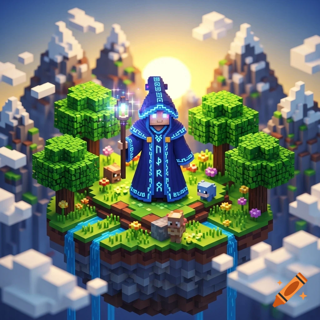 A voxel art mage in a blue robe with glowing runes holds a staff on a floating island with trees and waterfalls under a sunny sky.