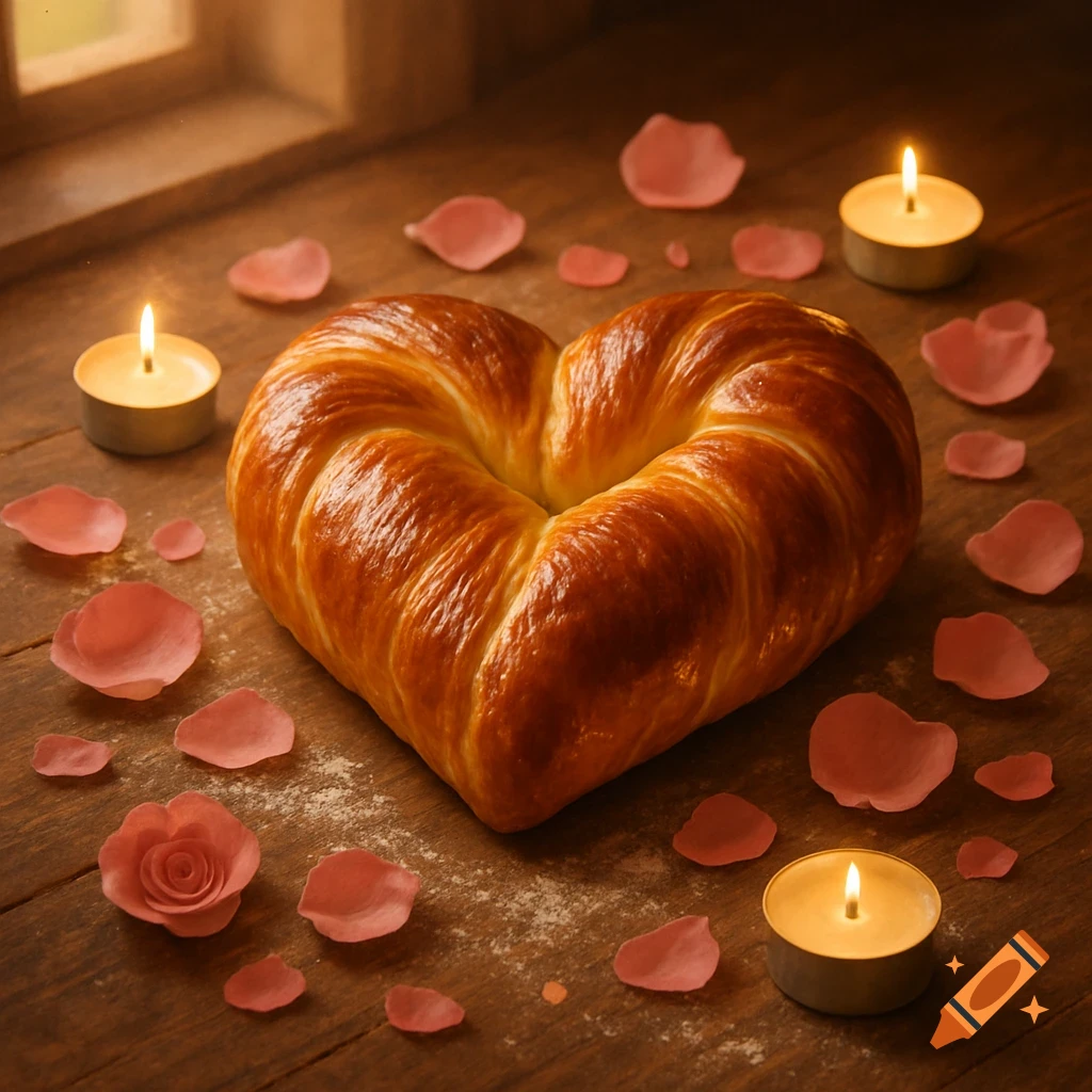 A heart-shaped brioche surrounded by pink rose petals and lit candles on a wooden table, bathed in soft light.