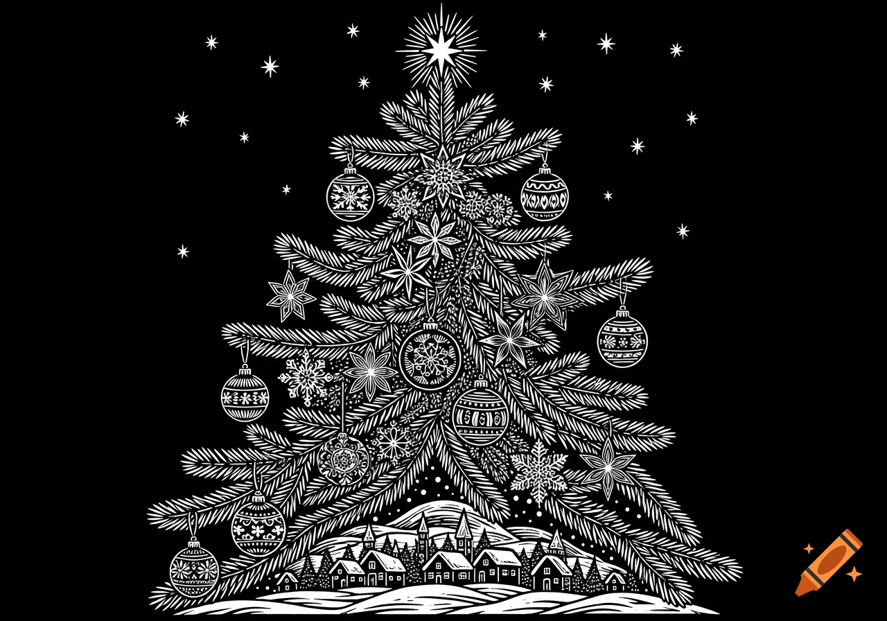 White linocut illustration of a decorated Christmas tree with ornaments, snowflakes, and a snowy village at its base, on a black background.