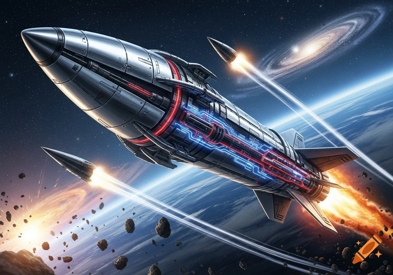 A detailed, futuristic sci-fi missile with glowing internal circuitry flies through space past Earth, asteroids, and a distant galaxy.