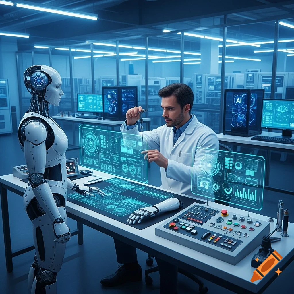 A scientist in a lab coat works with a humanoid robot amidst holographic displays and control panels in a futuristic, blue-lit laboratory.