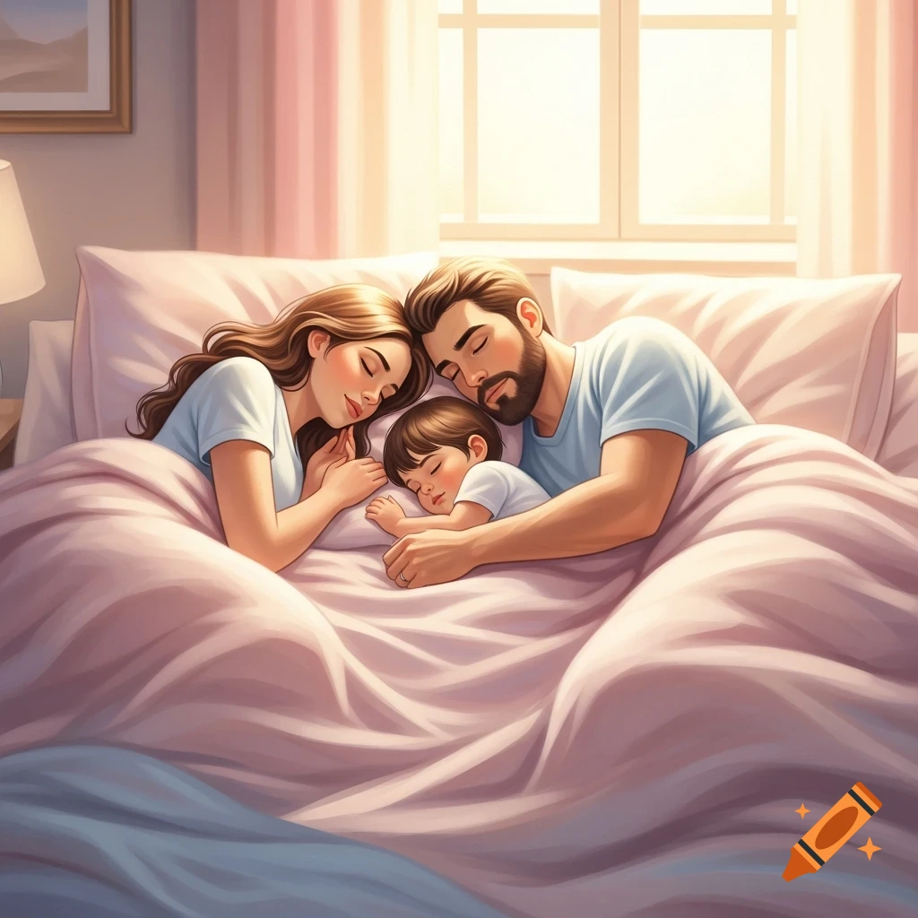 An illustration of a family, mother, father, and child, sleeping peacefully in a bed bathed in soft, warm light.